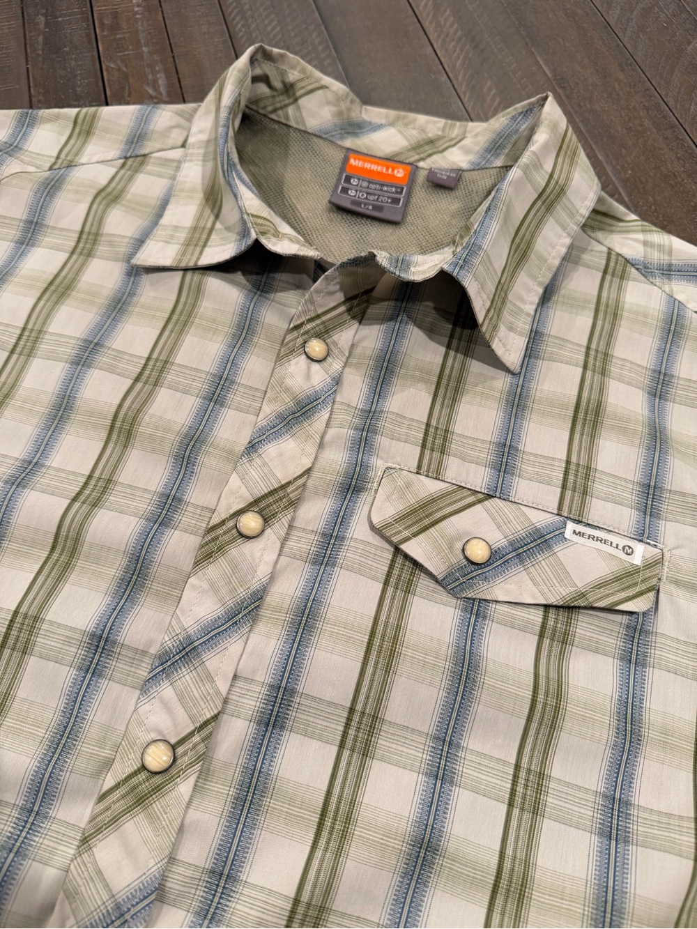 Merrell Plaid Hiking Trail Shirt Men’s Large – Opti-Wick UPF 20+ Snap Button